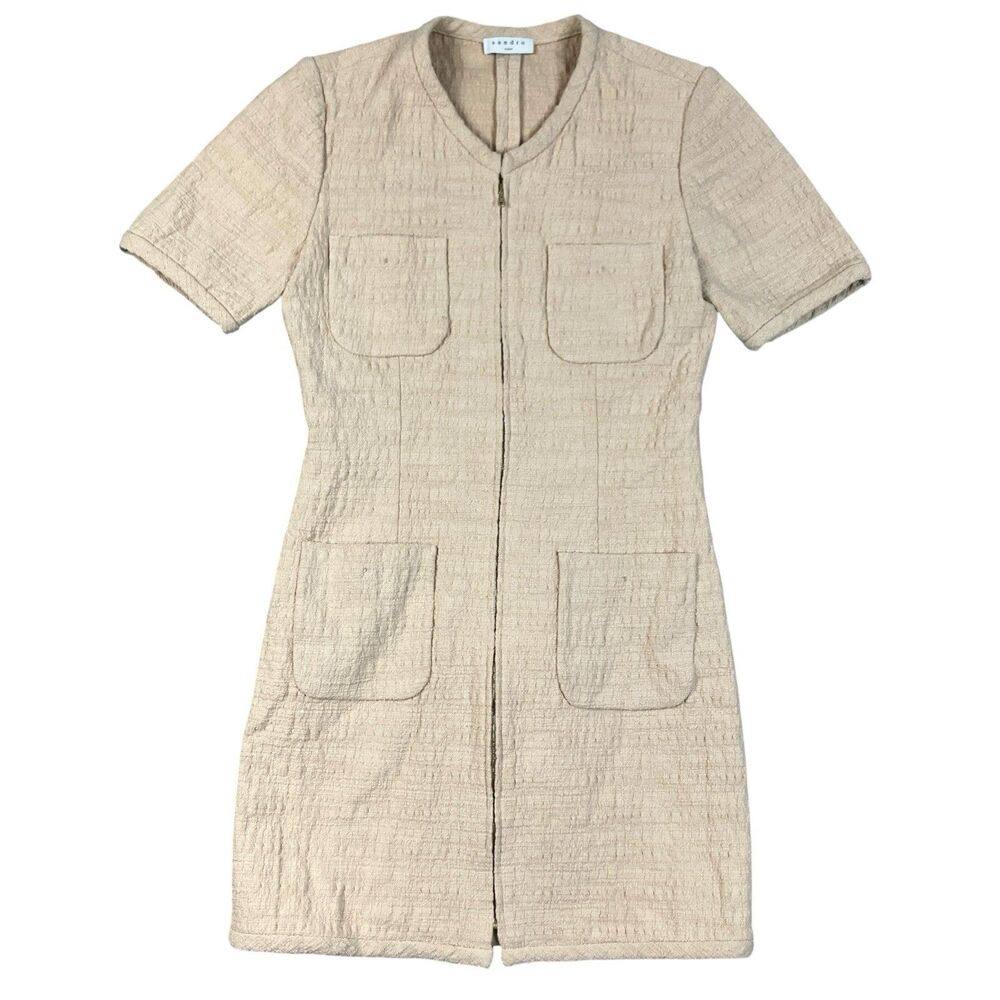 Sandro Tweed Dress Womens 38/6 Beige Zip Front Pocket Short Sleeve